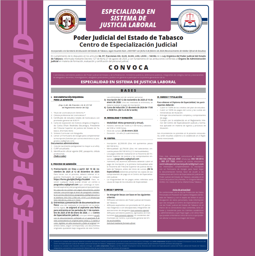 Banner convocatoria Especialidad en Sistema de Justicia Laboral 2025